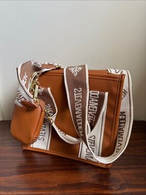 Steve Madden Cognac Faux Leather Tote Bag with Logo Strap & Coin Pouch